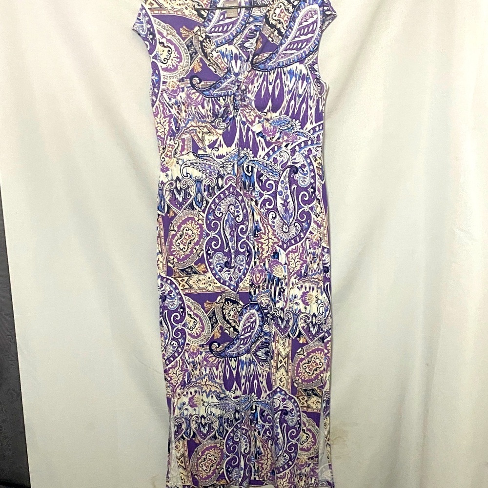 CHICOS SIZE 8/10  MAXI DRESS RAYON  / SPANDEX BLEND PURPLE BLUE‎ YELLOW PAISLEY